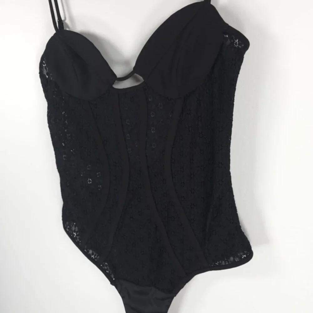 NWT ZARA Black Lace Adjustable Strappy Bodysuit Side Zip 7843/770 Sz‎ XS